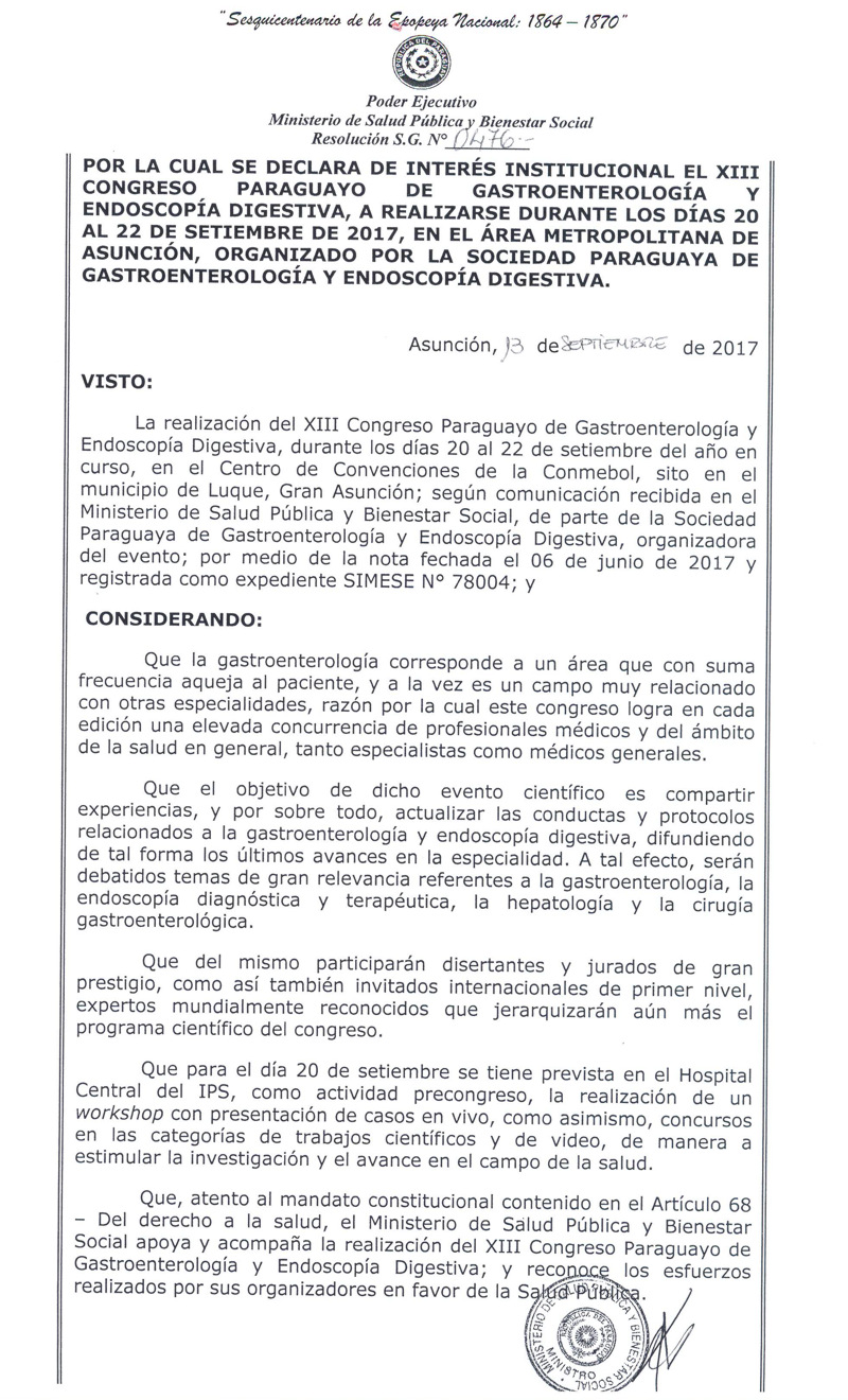 Se declara de Interés Nacional el XIII Congreso Paraguayo de Gastroenterología