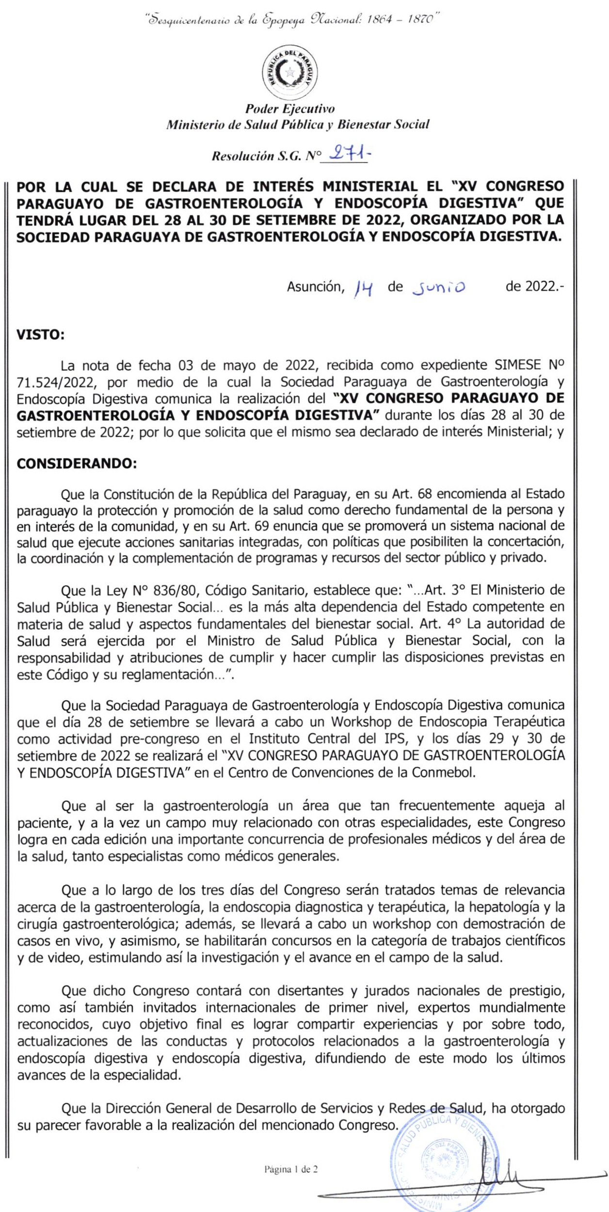 DE INTERÉS MINISTERIAL EL XV CONGRESOPARAGUAYO DE GASTROENTEROLOGÍA Y ENDOSCOPiA DIGESTIVA